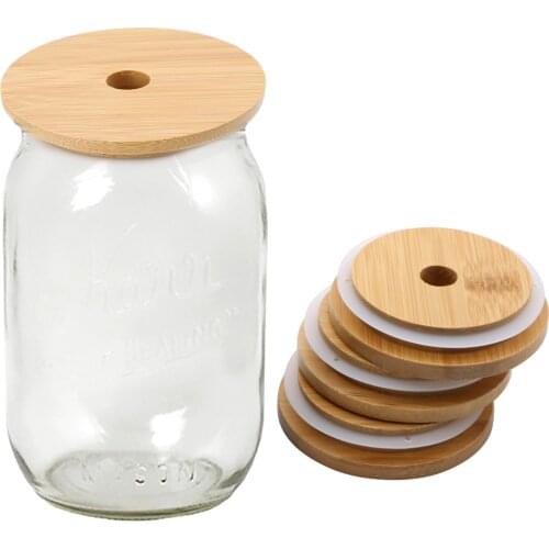 4 70/86mm Inner Diameter Jars Lids Non Splash Antileak Wooden Cap Durable Mason Jar Canning Silicone Seal Covers with Straw Hole