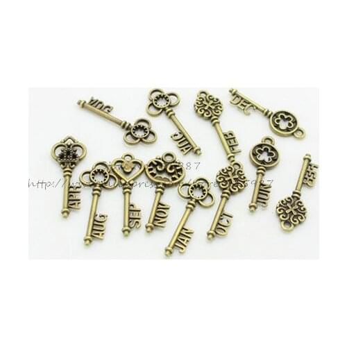 Sweet Bell Free Shipping 50pcs/lot Mixed month Key Charms Antique Bronze Color Alloy Pendant Jewelry Findings D0898