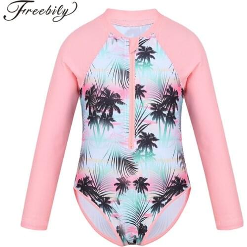 Summer Swimming One-piece Kids Girls Swimsuit Rash Guard Long Sleeves Palm Printed Zippered Bathing Suit Swimwear Beach Wear