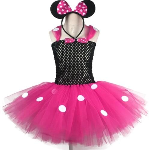 Hot Girls Pink Minnie Tutu Dress Baby Crochet Tulle Dress with White Dots and Hairbow Kids Birthday Party Costume Cartoon Dress