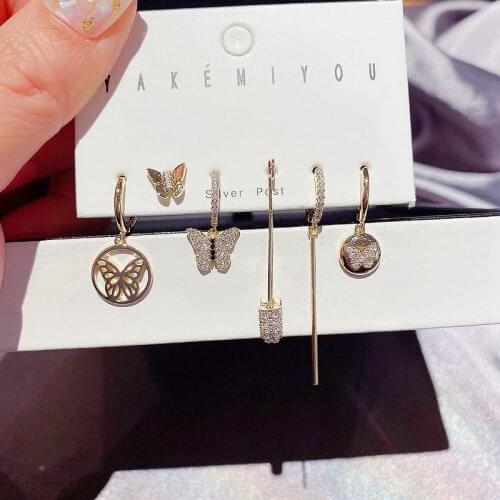 MIGGA 6pcs Cubic Zirconia Paved Butterfly Drop Dangle Earrings Set Gold Color Women Party Jewelry