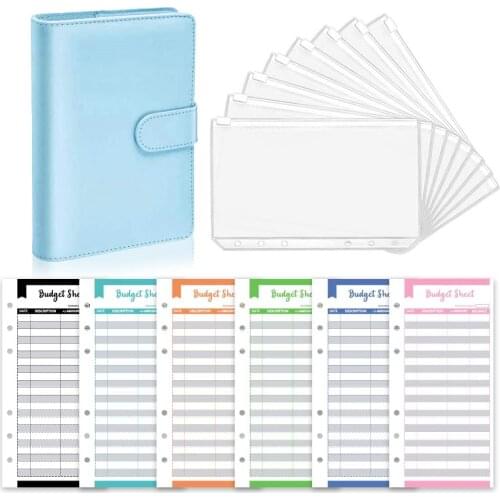 21 Piece A6 Refillable Notebook Binder Cover with 8pcs PVC Zipper Envelopes Pockets and 12pcs Budget Sheets for Bill Planner