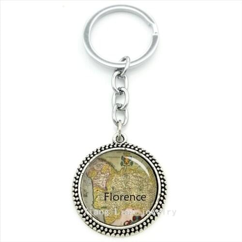 Trendy round men and women jewelry keychain Italy famous city Florence old map pendant key ring jewelry friend gift T389