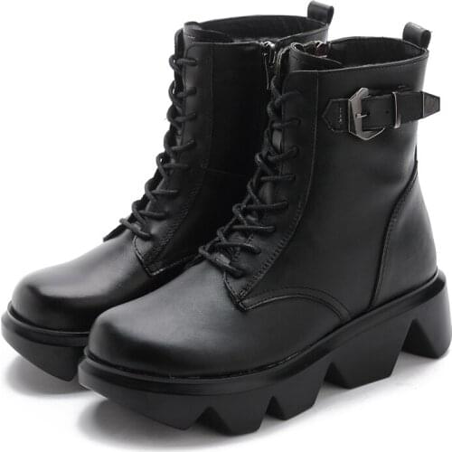 Fashion Thick Platform Wedges Mid Muffin Heel Winter Women Boots Split Leather Warm Fur Retro Fluffy Furry Shoes Ladies Female