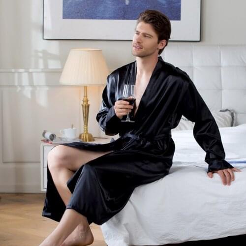 New long cardigan silk robe ice silk pajamas mens home clothes-6