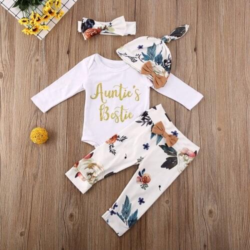 Pudcoco Newborn Baby Girl Clothes Letter Long Sleeve Romper Tops Flower Print Long Pants Headband Hat 4Pcs Outfits Clothes