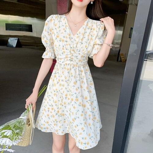French Retro V-Neck Puff Sleeve Short-Sleeved Floral Print Dress WomenS 2021 New Elegant Waist Slimming Mini Sundress