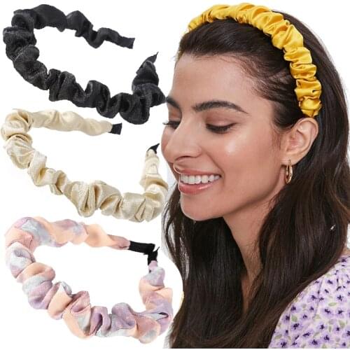 AWAYTR Pleated Headband Satin Hair Band Head Hoop For Women Solid Elastic Hairbands Bezel Turban Girls Hair Accessories Headwear
