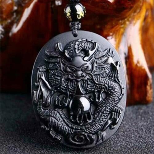 Natural Obsidian Dragon Jade Pendant Jewelry Lucky Exorcise evil spirits Safety Auspicious Amulet Pendant Jade Fine Jewelry