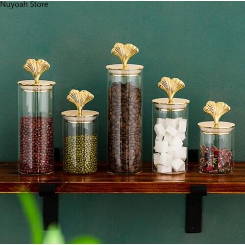 Retro Ginkgo Leaf Brass Storage Jar Transparent Glass Candy Jar with Lid Sealed Jar Household Storage Bottle Kitchen Supplies