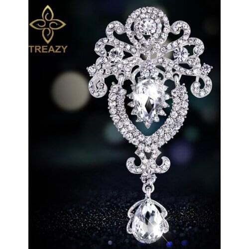 TREAZY Fashion Jewelry Crystal Bridal Brooches Pins Vintage Flower Warerdrop Wedding Brooches Bouquet For Women Accessories