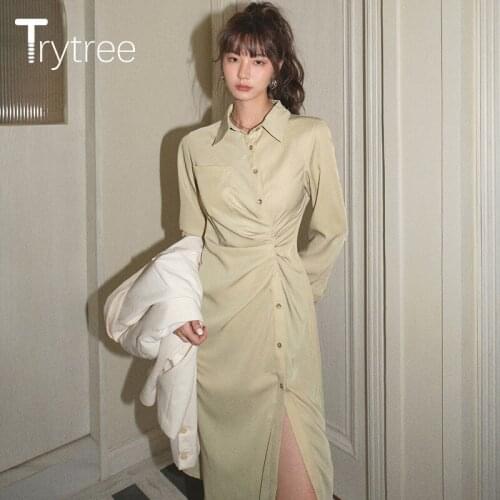 Trytree 2021 Spring Autumn Womens Dress Casual Solid Single Breasted Crease Waist Slipt Hem Office Lady Elegant Shirt Dress