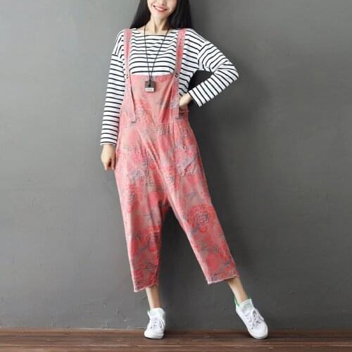 Women Loose Calf Length Vintage Printed Jumpsuits Ladies Casual Floral Print Rompers Female Overalls Pants trousers Flower Print