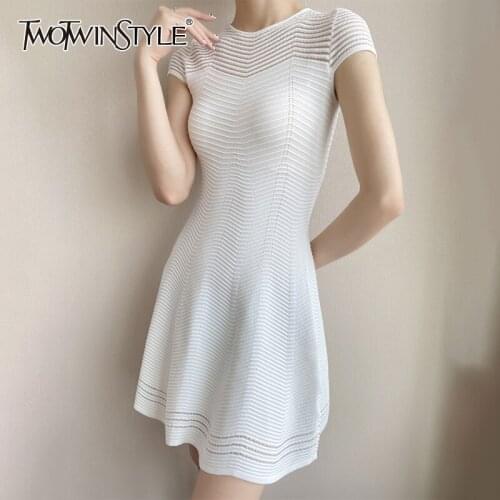 TWOTWINSTYLE Elegant Black Slim Dress For Women O Neck Short Sleeve High Waist Hollow Out Mini Dresses Female Fashion New 2021