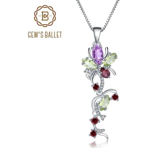 GEMS BALLET Multicolor Natural Peridot Amethyst Garnet 925 Sterling Silver Flower Pendant Necklace Fine Jewelry for Women
