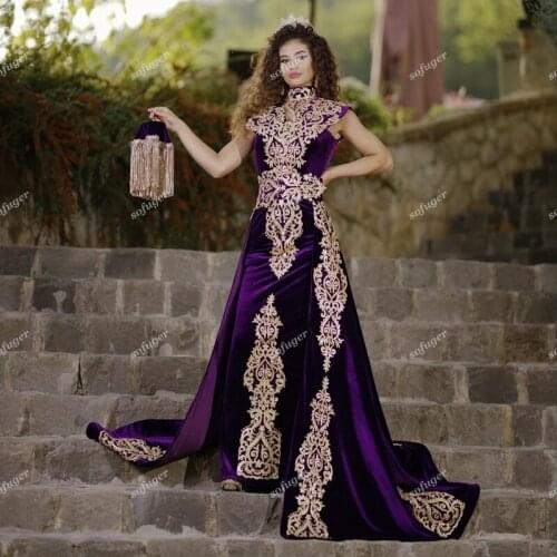 Purple Velvet Mermaid Evening Dresses Celebrity Moroccan Kaftan Detachable Train Golden Appliques Robe De Soiree Plus