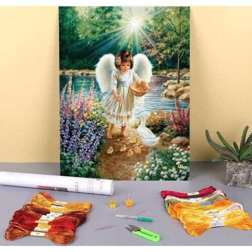 Angel Girl Landscape Pre-Printed 11CT Cross Stitch DIY Embroidery Set DMC Threads Handmade Knitting Handiwork work Mulina
