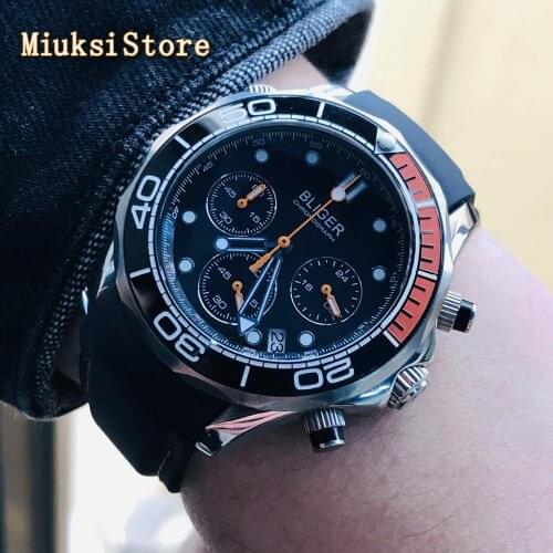 Bliger 41mm silver case sapphire glass date ceramic bezel rubber strap 2020 new chronograph quartz mens watch