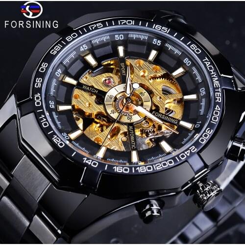 Forsining Top Brand Luxury Skeleton Automatic Mechanical Watch Black Golden Mens Watches Hollow Wristwatch Relogio Masculino