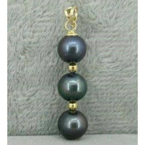 Black round AAA 9-10 mm natural Tahitian pearl pendant necklace 925silver Gold