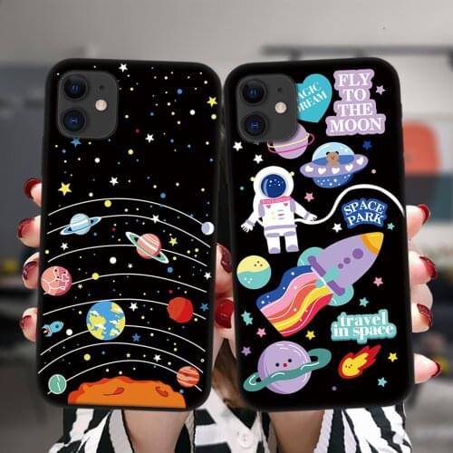 Black Phone Case For iPhone 12 11 Pro XS Max 6 6S 8 7 Plus X XR 5 5S SE 2020 12Mini Astronaut Planet Star Space Silicone Cover