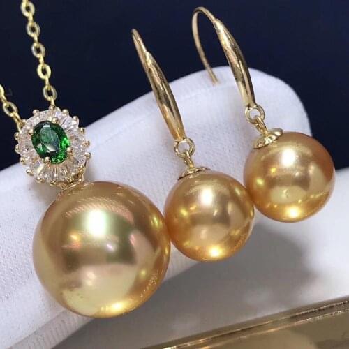 D123 Fine Jewelry 18K Gold Natural Ocean Sea Golden Pearls 7-12mm Females Jewelry Sets for Women FIne Jewelry Sets