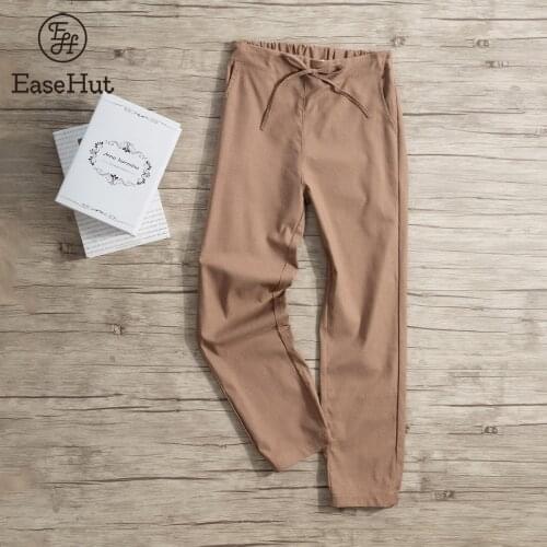 EaseHut Fashion Women Cotton Linen Pants Elastic Waist Drawstring Pockets Solid Loose Casual Straight Trousers Plus Size S-5XL