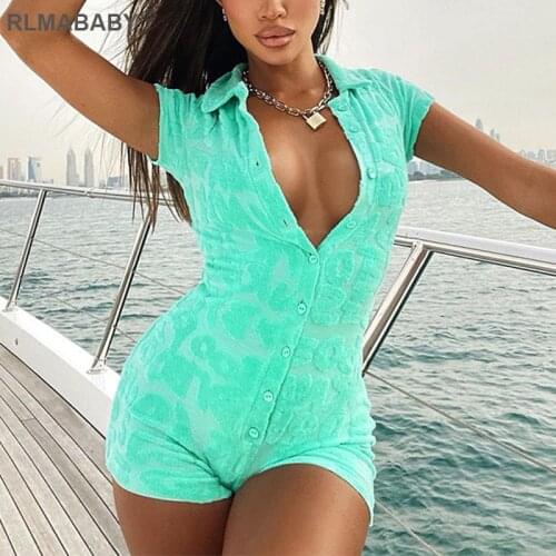 Summer Women Fashion Sexy Streetwear Playsuit Single-Breasted Button Turn-Down Collar Short Sleeve Rompers Jumpsuit Playsuit