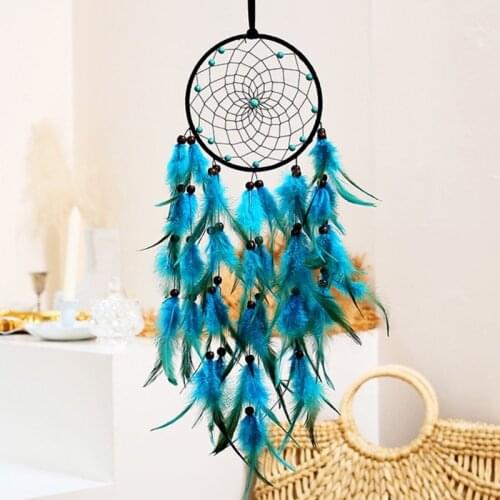 Creative Blue Feather Dream Catcher Wind Chime with LED Lights Handmade Wall Hanging Circular Pendant Home Bedroom Decor