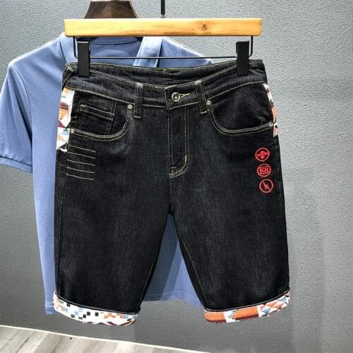 Fashion Mens Denim Shorts ripped Hole Chinese Style Embroidery Slim Short Jeans Quality Ins Vintage Washed Knee-length Pants