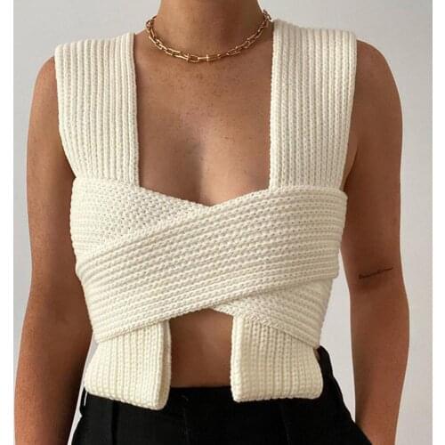 Fall Winter Knitted Crop Tops Sweaters Sleeveless Pullover Female Bandage Sweater Solid Chic Fashion Top Women