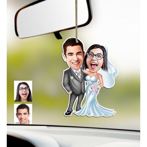 Personalized Maried Caricature Of Wood Car Rearview Mirror Süsü-5