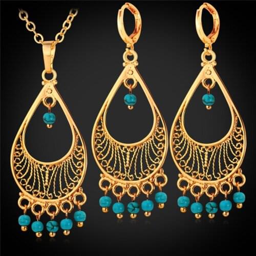 Hot Turkish Statement Jewelry Drop Earring Pendant Necklace Sets Women Vintage Yellow Gold Color Jewelry Set PE1158