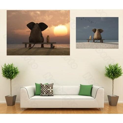 Modern Style Canvas Painting Posters and Prints Elephants with Its Baby Sitting a Bench Under Sunset for Home Rooms Wall Decorat
