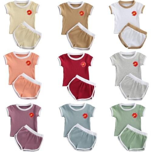 2020 0-24M Casual 2pcs Newborn Kids Baby Girl Boy Clothes Flowers Short Sleeve Pullover T Shirts Tops Shorts 9 Colors