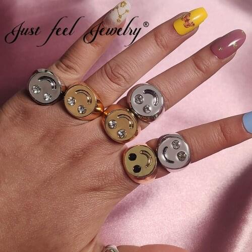 JUST FEEL 2021 New Cute Smiley Rings for Women Girls Gold Silver Color Metal Crystal Ring Fashion Statement Party Jewelry Gifts