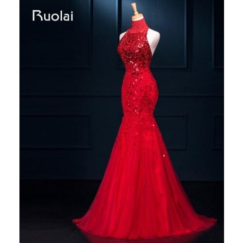 Real Photo Luxury Heavy Sequined Sexy Mermaid Evening Gown High Neck Tulle Long Evening Dresses Vestido de fiesta largo ASAFE10