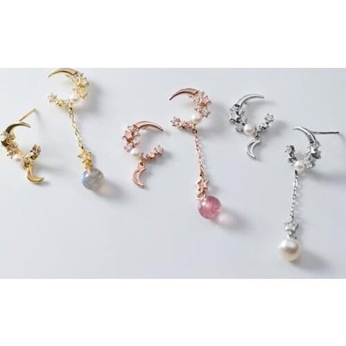 Japan South Korea New925 Silver Stars Moon Earrings Exquisite Small Round Bead Pendant Young Girl Heart Cute Wind Female Jewelry