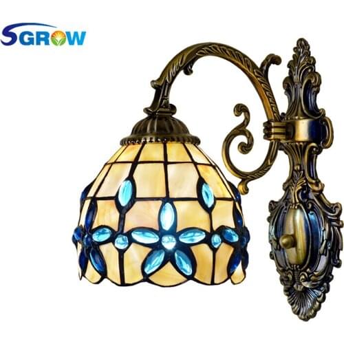 SGROW Classica Pastoral Lamp Art Shell Table Light Blue Beads Decoration Lighting Desk Lamps for Bedroom Beside Lilac Lampara