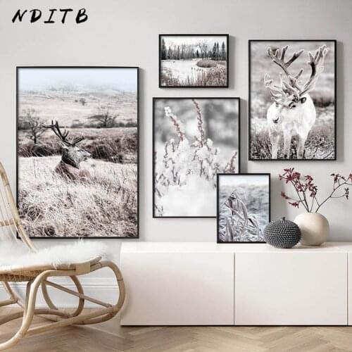 Scandinavian Winter Nature Landscape Poster Print Deer Reed Wood Canvas Painting Animal Wall Art Picture Nordic Style Home Decor