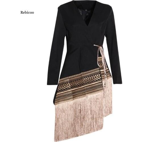 Loose Fit Spliced Contrast Color Tassel Belt Jacket New V-neck Long Sleeve Women Coat Fashion Autumn Winter