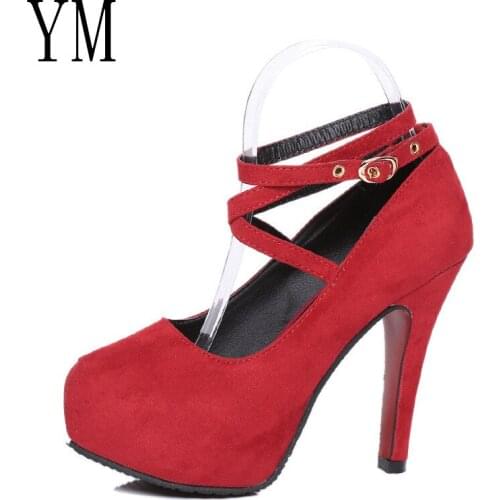 New Shoes Woman Pumps Cross-tied Ankle Strap Wedding Party Shoes Platform dress Women Shoes High Heels Suede ladies shoes Big 42