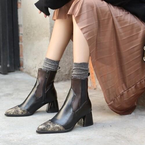 2021 New Winter Ankle Boots Women Short Chelsea Boots Mid Heels Shoes Female Fashion Pointed Square Heel Booties Plus Size 45
