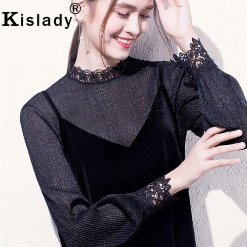 Kislady Lace Shiny Mesh Tops Fashion Patchwork Women Long Sleeve Shirts 2020 Spring Summer Elegant Black Apricot Chiffon Blouse