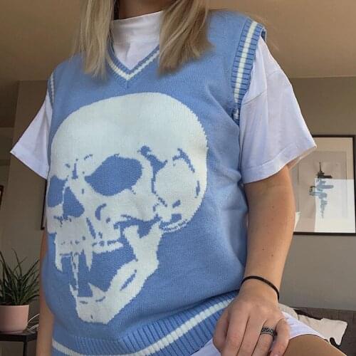 Women Sweaters Vest Autumn Casual Loose V Neck Skulls Print Knitted Blue Knitwear Harajuku Oversized Jumpers Tank Top Pullover