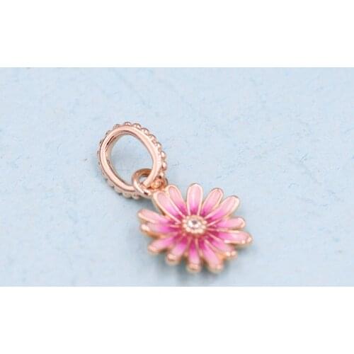 2020 New Spring Pink Daisy Flower Dangle Charm 925 Sterling silver Charms fit Beads Bracelets DIY For Women Jewelry Wholesale