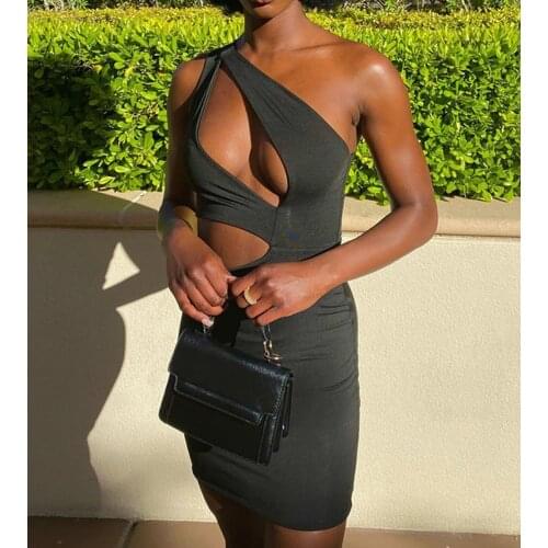 Women Close-fitting Sexy Dress Black Solid Color Sleeveless Off-the-shoulder Hollow Out 1PC