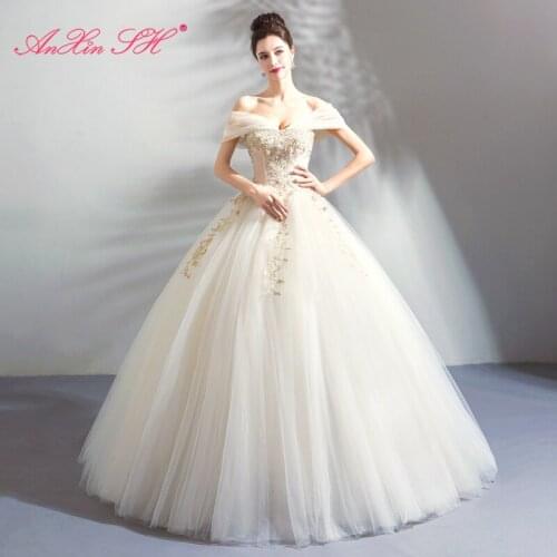 AXJFU Princess vintage flower lace champagne wedding dress vintage Korea beading crystal flower o neck wedding dress 8166
