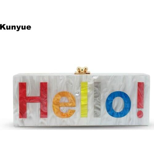 20Stylish New White Pealescent Acrylic Evening Bag Ladies Letter Patchwork Clutch Purse Brand Party Prom HELLO Name BOX Handbags