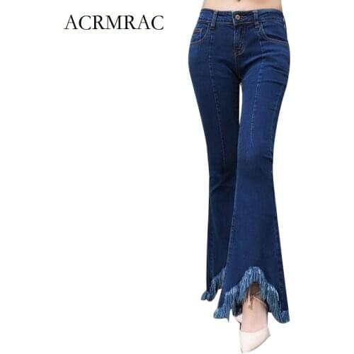 ACRMRAC Women 2018 The New blue Elasticity tassel Flare Pants Regular Long pants jeans